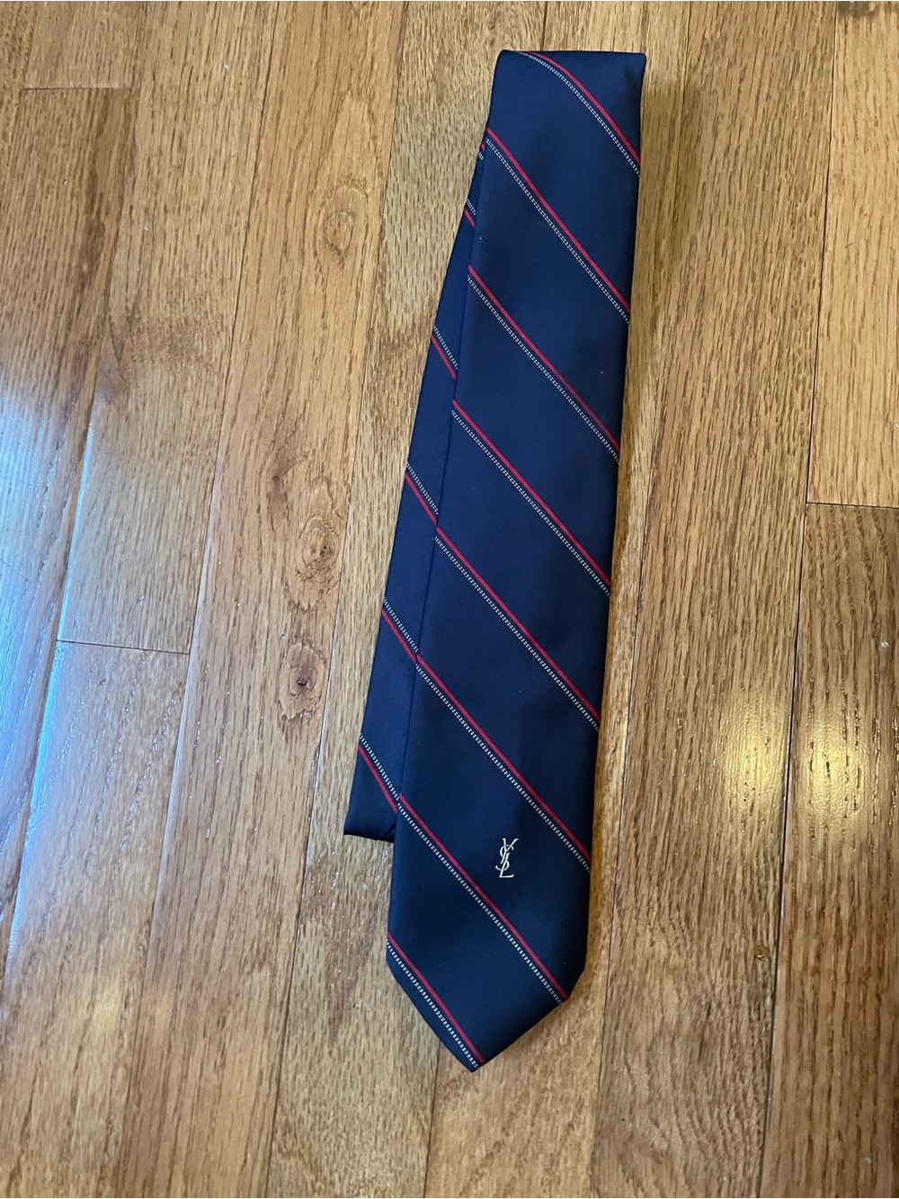 Yves Saint Laurent New York Paris Men’s Navy Red White Stripped Tie